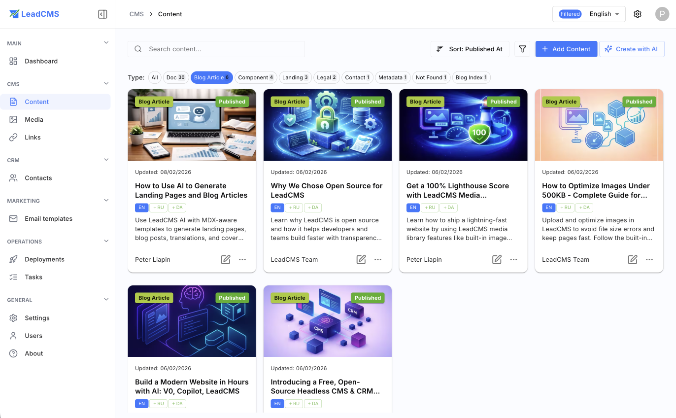 LeadCMS content management - define types, filter, and manage all your content in one place
